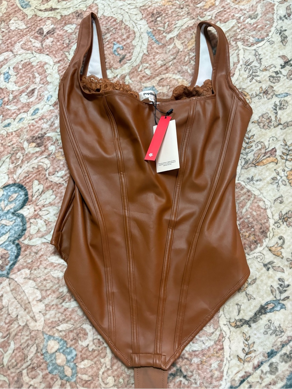 Faux-Leather Brown Lace-Trim Bodysuit